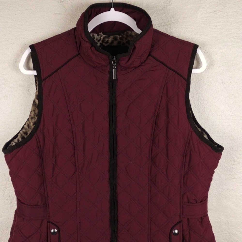 Weatherproof Burgundy Quilted Faux Fur High Collar Zip Up Outdoor Vest Jacket - Picture 2 of 16